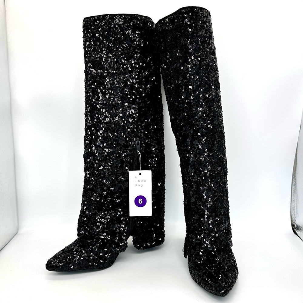 Black Sequin Covered Foldover Knee High Evening Boots A New Day Abba -- Size 6